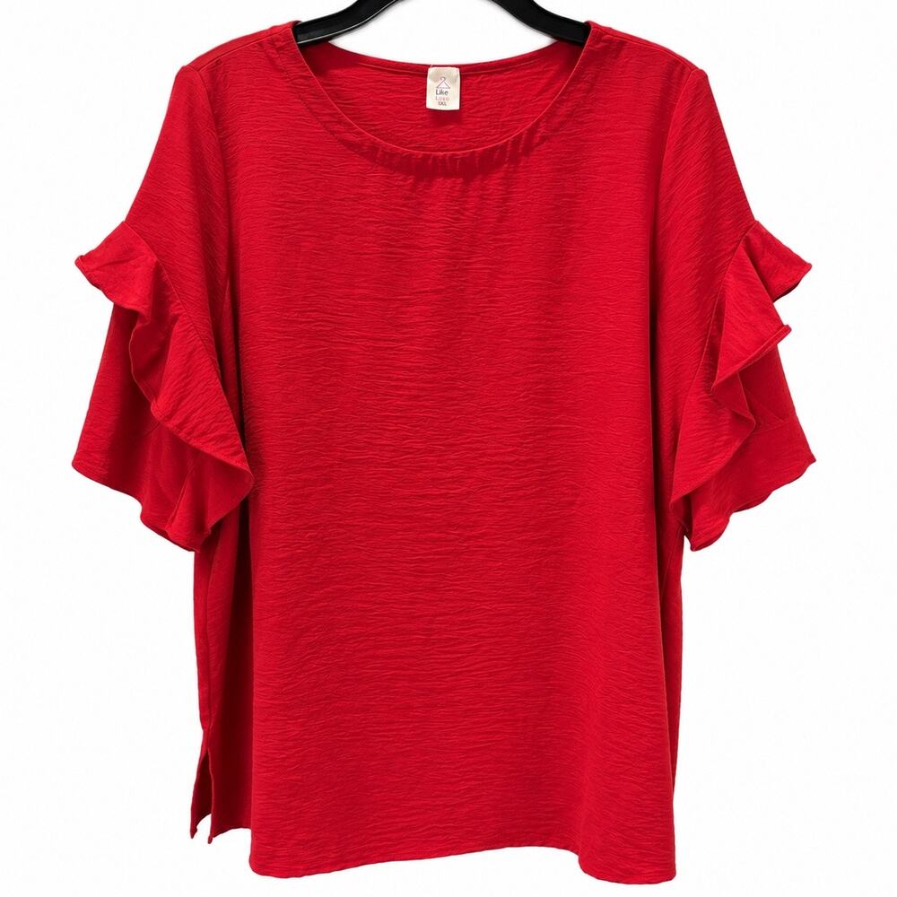 Like Love 1XL Red Ruffle Sleeve Tunic Blouse Textured Split Hem Plus Size